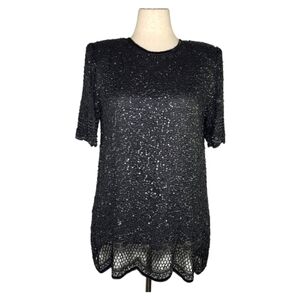 Vintage Brilliante Black Silk Beaded Sequin Scallop Hem Evening Tunic Top L